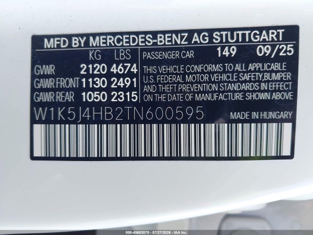 Продажа на аукционе авто 2026 Mercedes-benz Cla 250 Coupe 4matic, vin: W1K5J4HB2TN600595, номер лота: 45692870