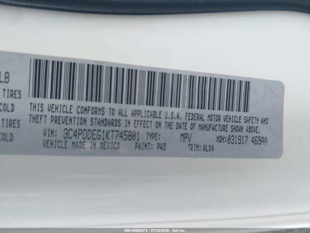 45692872 :رقم المزاد ، 3C4PDDEG1KT745801 vin ، 2019 Dodge Journey Gt Awd مزاد بيع