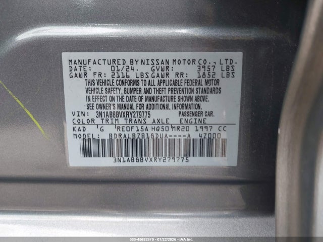 45692879 :رقم المزاد ، 3N1AB8BVXRY279775 vin ، 2024 Nissan Sentra S Xtronic Cvt مزاد بيع