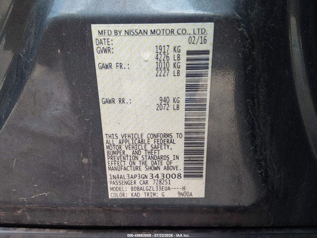 45692889 :رقم المزاد ، 1N4AL3AP3GN343008 vin ، 2016 Nissan Altima 2.5 S مزاد بيع