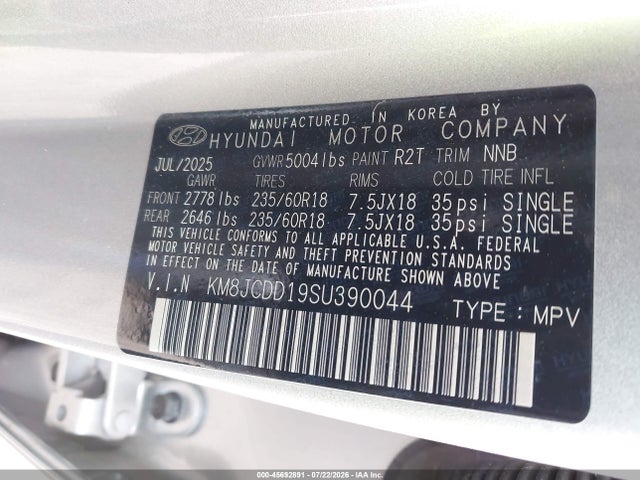 Auction sale of the 2025 Hyundai Tucson Hybrid Sel Convenience, vin: KM8JCDD19SU390044, lot number: 45692891