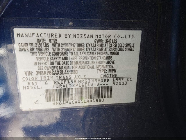 2025 Nissan Kicks Sv Fwd მანქანა იყიდება აუქციონზე, vin: 3N8AP6CAXSL441880, აუქციონის ნომერი: 45692903