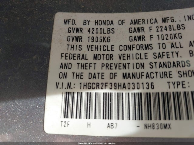 Honda ACCORD LX 2017 1HGCR2F39HA030136 Image 9
