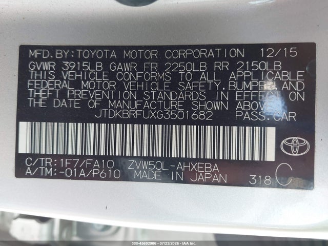 Продаж на аукціоні авто 2016 Toyota Prius Two, vin: JTDKBRFUXG3501682, номер лоту: 45692906