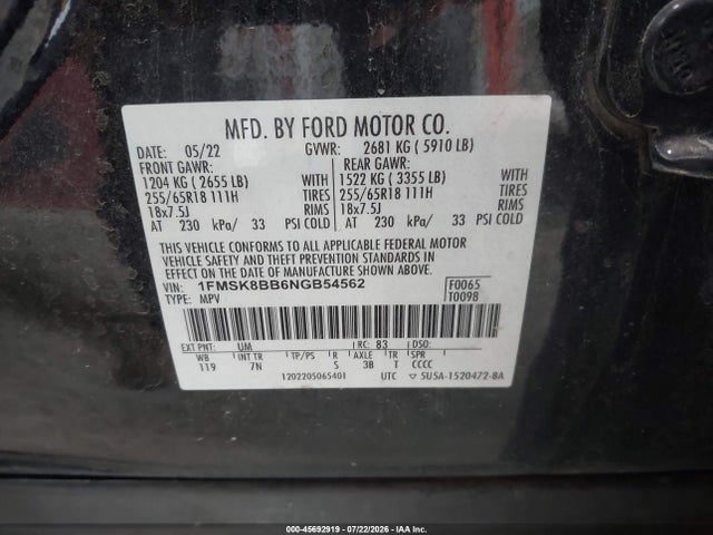 Aukcja sprzedaży 2022 Ford Explorer, vin: 1FMSK8BB6NGB54562, numer aukcji: 45692919