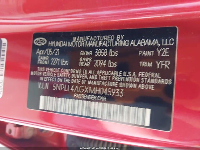 Aukcja sprzedaży 2021 Hyundai Elantra Se, vin: 5NPLL4AGXMH045933, numer aukcji: 45692920