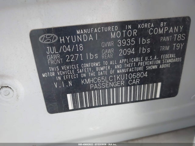 45692922 :رقم المزاد ، KMHC65LC1KU106804 vin ، 2019 Hyundai Ioniq Hybrid Blue مزاد بيع