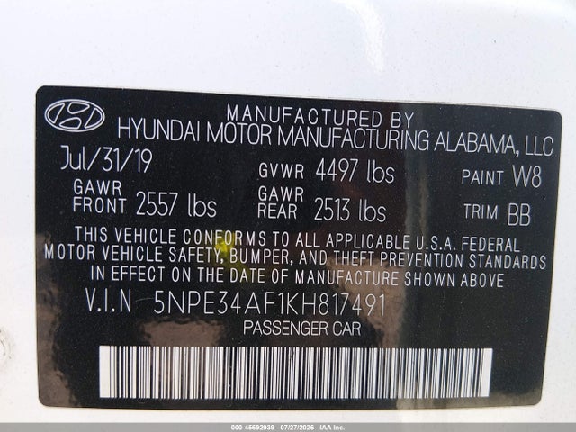 Auction sale of the 2019 Hyundai Sonata Sel, vin: 5NPE34AF1KH817491, lot number: 45692939