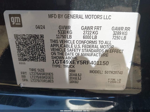 45692954 :رقم المزاد ، 1GT49XEY5RF401150 vin ، 2024 Gmc Sierra 2500hd 4wd  Standard Bed Denali Ultimate مزاد بيع
