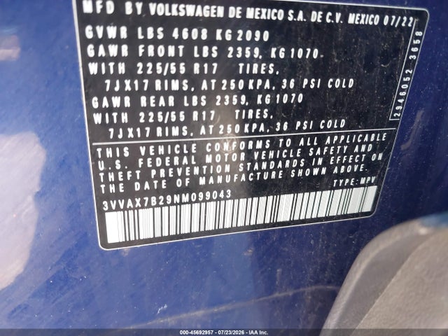 2022 Volkswagen Taos 1.5t S მანქანა იყიდება აუქციონზე, vin: 3VVAX7B29NM099043, აუქციონის ნომერი: 45692957