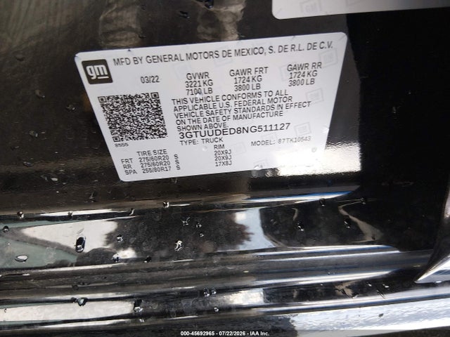 Продаж на аукціоні авто 2022 Gmc Sierra 1500 4wd  Short Box Slt, vin: 3GTUUDED8NG511127, номер лоту: 45692965