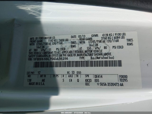 45692981 :رقم المزاد ، 1FBSS3BL7DDA56256 vin ، 2013 Ford E-350 Super Duty Xl/xlt مزاد بيع