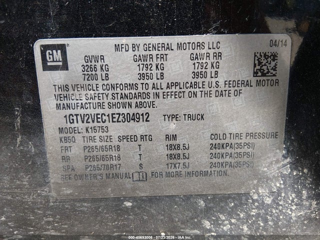 Aukcja sprzedaży 2014 Gmc Sierra 1500 Slt, vin: 1GTV2VEC1EZ304912, numer aukcji: 45693006