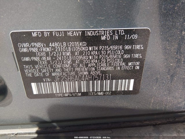 Aukcja sprzedaży 2010 Subaru Forester 2.5x, vin: JF2SH6AC4AH757131, numer aukcji: 45693008