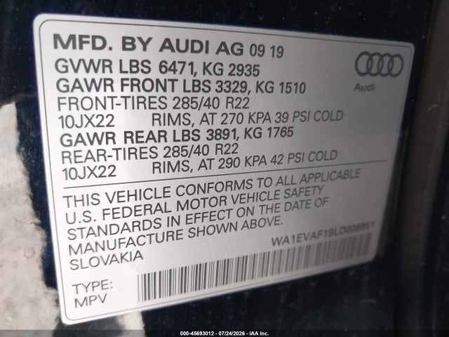 45693012 :رقم المزاد ، WA1EVAF19LD006951 vin ، 2020 Audi Q8 Premium Plus 55 Tfsi Quattro Tiptronic مزاد بيع