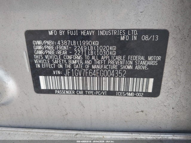 Aukcja sprzedaży 2014 Subaru Impreza Wrx Limited, vin: JF1GV7F64EG004352, numer aukcji: 45693016