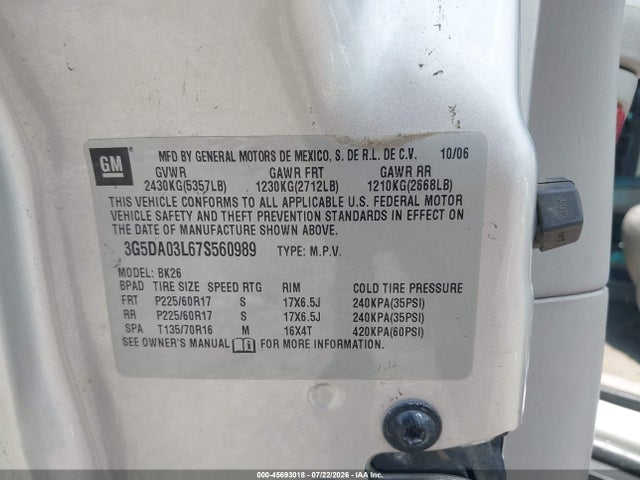 2007 Buick Rendezvous Cxl მანქანა იყიდება აუქციონზე, vin: 3G5DA03L67S560989, აუქციონის ნომერი: 45693018