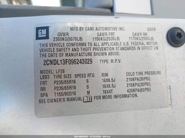 2009 Chevrolet Equinox Ls მანქანა იყიდება აუქციონზე, vin: 2CNDL13F096243029, აუქციონის ნომერი: 45693020