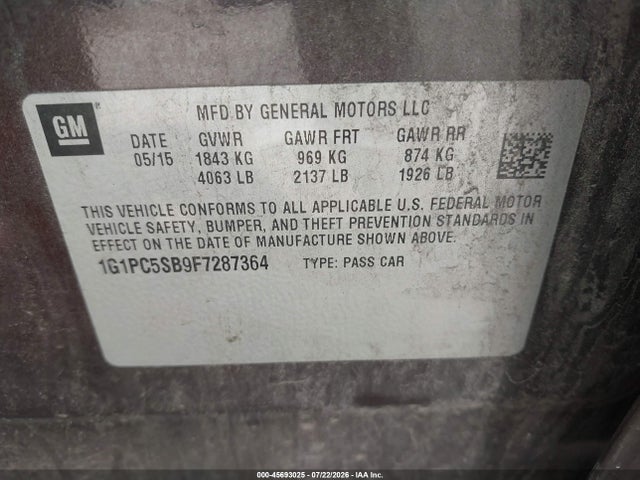 Продажа на аукционе авто 2015 Chevrolet Cruze 1lt Auto, vin: 1G1PC5SB9F7287364, номер лота: 45693025