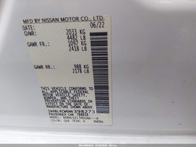 45693032 :رقم المزاد ، 1N4BL4CW6NN398273 vin ، 2022 Nissan Altima Sr Intelligent Awd مزاد بيع