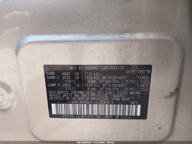 Продаж на аукціоні авто 2018 Subaru Outback 2.5i Premium, vin: 4S4BSACC0J3391015, номер лоту: 45693033