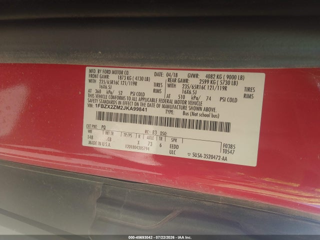 Продаж на аукціоні авто 2018 Ford Transit-350 Xl, vin: 1FBZX2ZM2JKA99841, номер лоту: 45693042