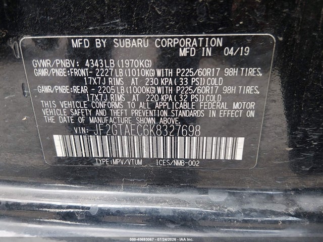 Продаж на аукціоні авто 2019 Subaru Crosstrek 2.0i Premium, vin: JF2GTAEC6K8327698, номер лоту: 45693067