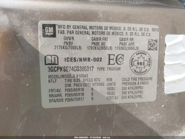 Aukcja sprzedaży 2012 Chevrolet Silverado 1500 Lt, vin: 3GCPKSE74CG305317, numer aukcji: 45693083