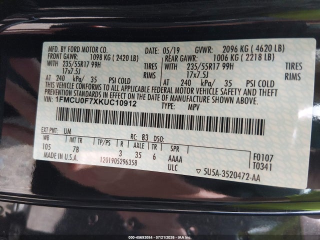 2019 Ford Escape S მანქანა იყიდება აუქციონზე, vin: 1FMCU0F7XKUC10912, აუქციონის ნომერი: 45693084