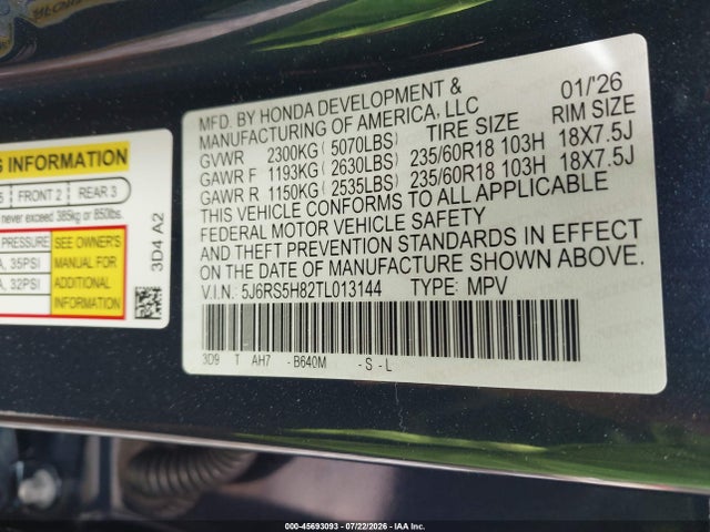 Продаж на аукціоні авто 2026 Honda Cr-v Hybrid 2wd Sport-l, vin: 5J6RS5H82TL013144, номер лоту: 45693093