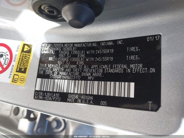 Продажа на аукционе авто 2017 Toyota Highlander Hybrid Limited, vin: 5TDDGRFH4HS023112, номер лота: 45693097