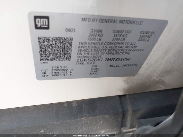 45693105 :رقم المزاد ، 1GKS2DKL7MR331066 vin ، 2021 Gmc Yukon 4wd Denali مزاد بيع