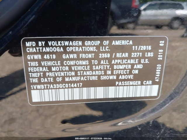 45693117 :رقم المزاد ، 1VWBT7A33GC014417 vin ، 2016 Volkswagen Passat 1.8t Se مزاد بيع