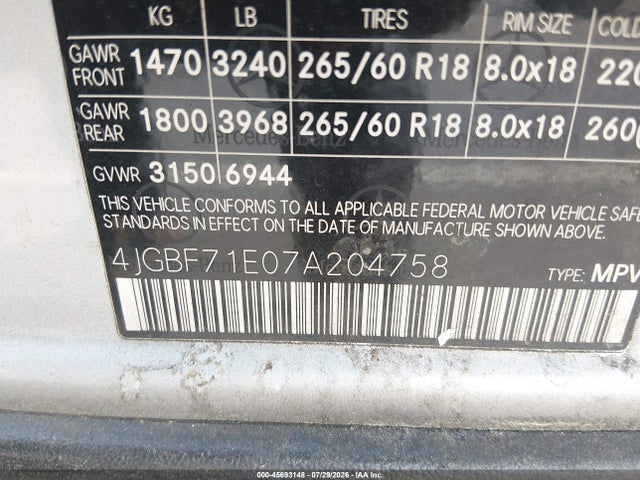 Aukcja sprzedaży 2007 Mercedes-benz Gl 450 4matic, vin: 4JGBF71E07A204758, numer aukcji: 45693148