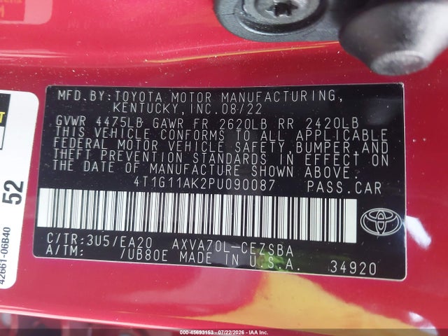 2023 Toyota Camry Se მანქანა იყიდება აუქციონზე, vin: 4T1G11AK2PU090087, აუქციონის ნომერი: 45693153