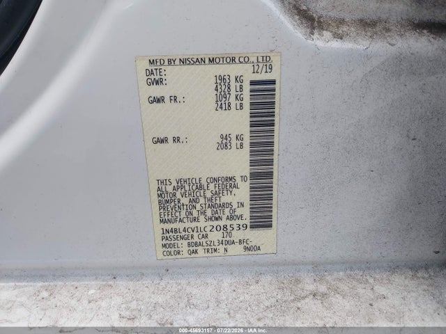 Продажа на аукционе авто 2020 Nissan Altima Sr Fwd, vin: 1N4BL4CV1LC208539, номер лота: 45693157