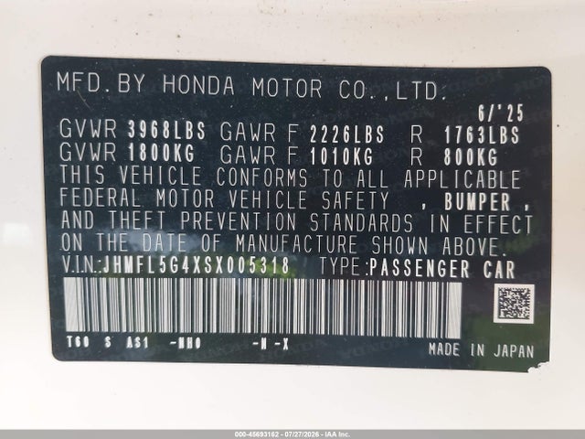 45693162 :رقم المزاد ، JHMFL5G4XSX005318 vin ، 2025 Honda Civic Type R مزاد بيع