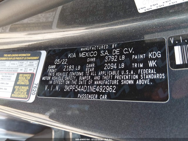 Продаж на аукціоні авто 2022 Kia Forte Gt-line, vin: 3KPF54AD1NE492962, номер лоту: 45693164