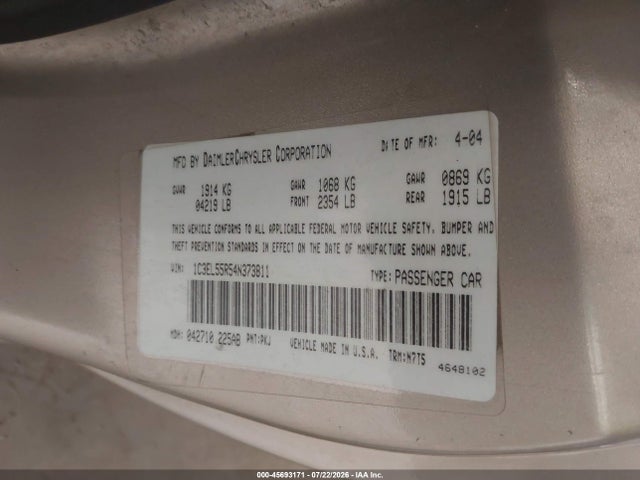 Продаж на аукціоні авто 2004 Chrysler Sebring Lxi, vin: 1C3EL55R54N373811, номер лоту: 45693171
