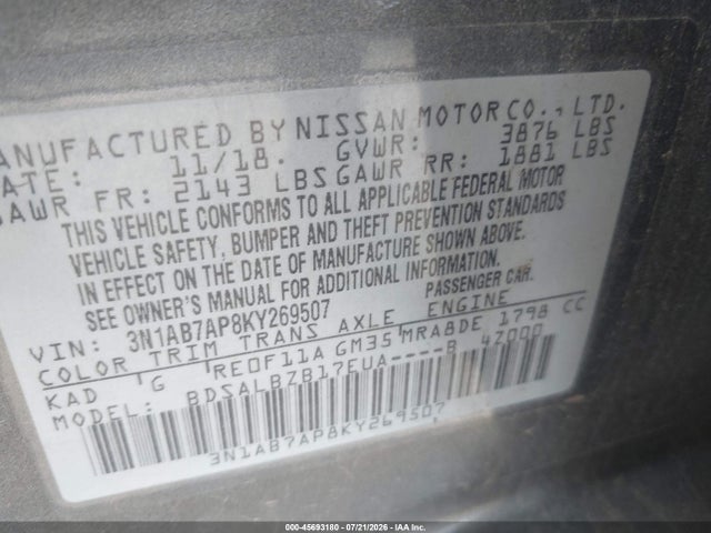 Продаж на аукціоні авто 2019 Nissan Sentra S, vin: 3N1AB7AP8KY269507, номер лоту: 45693180