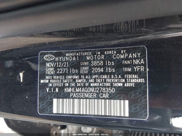 Продажа на аукционе авто 2022 Hyundai Elantra Sel, vin: KMHLM4AG0NU278350, номер лота: 45693183