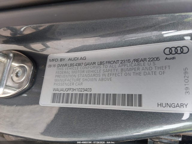 Aukcja sprzedaży 2017 Audi A3 2.0t Premium, vin: WAUAUGFF3H1023403, numer aukcji: 45693190