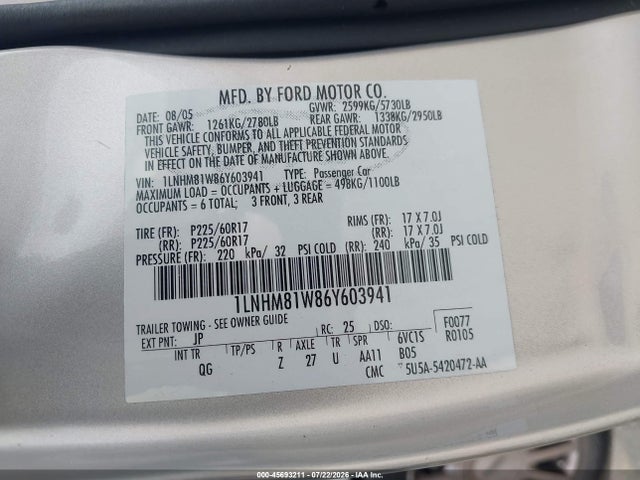 Продаж на аукціоні авто 2006 Lincoln Town Car Signature, vin: 1LNHM81W86Y603941, номер лоту: 45693211