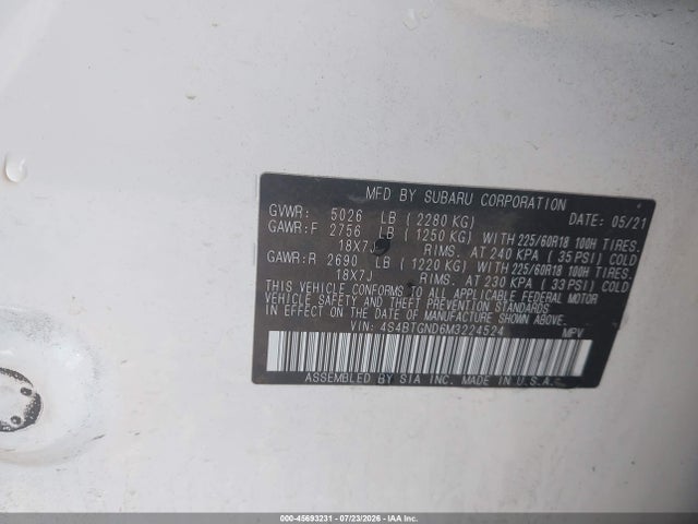 2021 Subaru Outback Limited Xt მანქანა იყიდება აუქციონზე, vin: 4S4BTGND6M3224524, აუქციონის ნომერი: 45693231