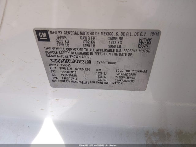 45693237 :رقم المزاد ، 3GCUKREC5GG103200 vin ، 2016 Chevrolet Silverado 1500 Lt مزاد بيع