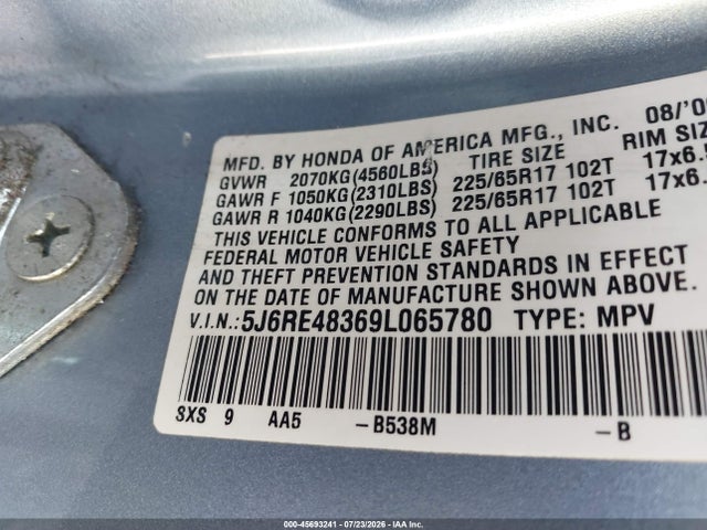 Продаж на аукціоні авто 2009 Honda Cr-v Lx, vin: 5J6RE48369L065780, номер лоту: 45693241