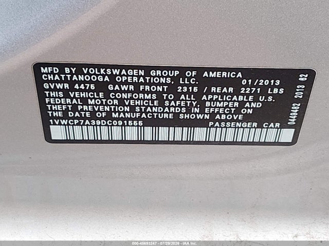 Aukcja sprzedaży 2013 Volkswagen Passat 2.5l Sel, vin: 1VWCP7A39DC091555, numer aukcji: 45693247
