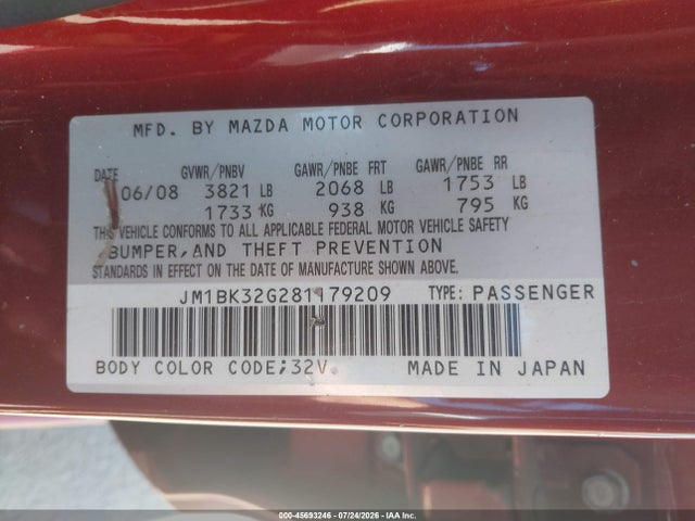 Продажа на аукционе авто 2008 Mazda Mazda3 I Touring Value, vin: JM1BK32G281179209, номер лота: 45693246