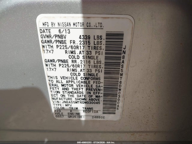 Aukcja sprzedaży 2013 Nissan Rogue Sv, vin: JN8AS5MT6DW030045, numer aukcji: 45693253