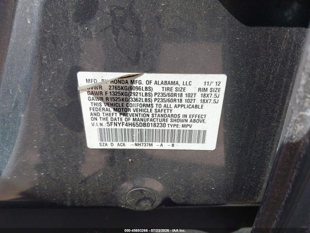 2013 Honda Pilot Ex-l მანქანა იყიდება აუქციონზე, vin: 5FNYF4H65DB018230, აუქციონის ნომერი: 45693266